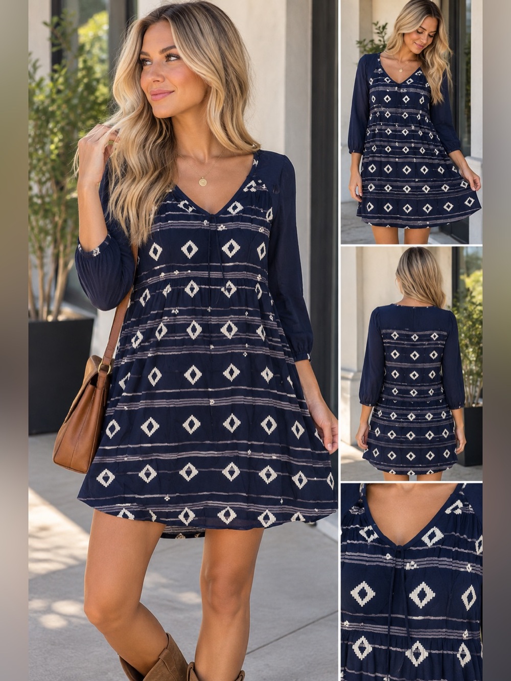 Roxy Dakota Navy Printed V-Neck Long Sleeve Dress Size M NWT